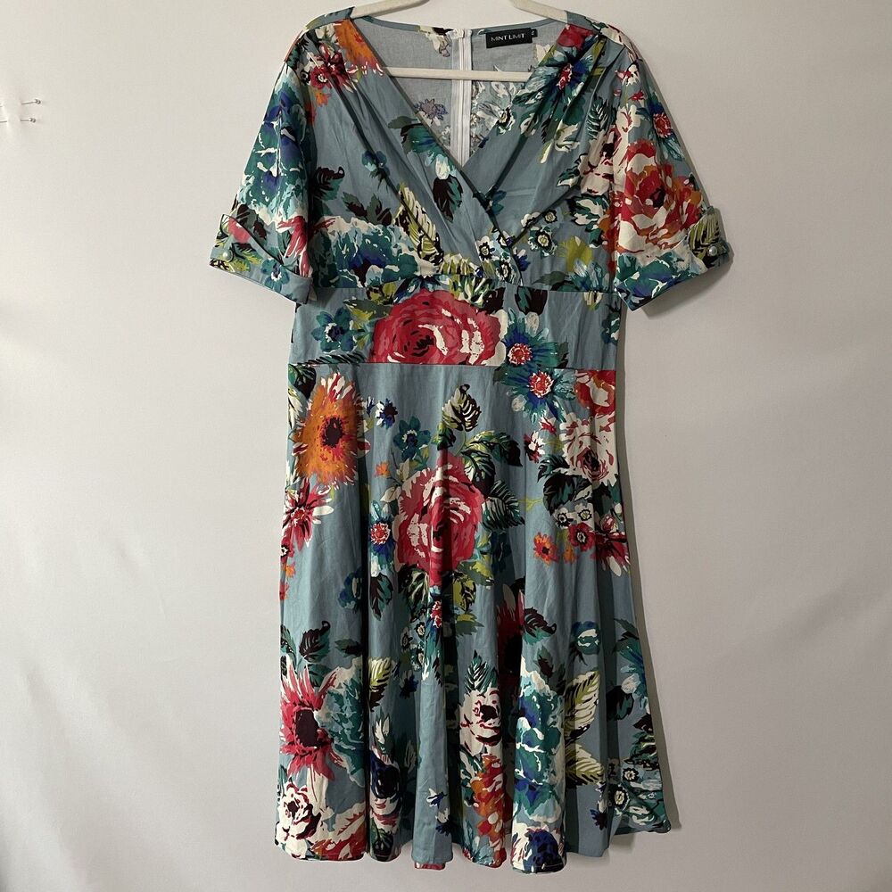 Mint Limit Floral Midi Dress Blue Cotton Women Size 14
